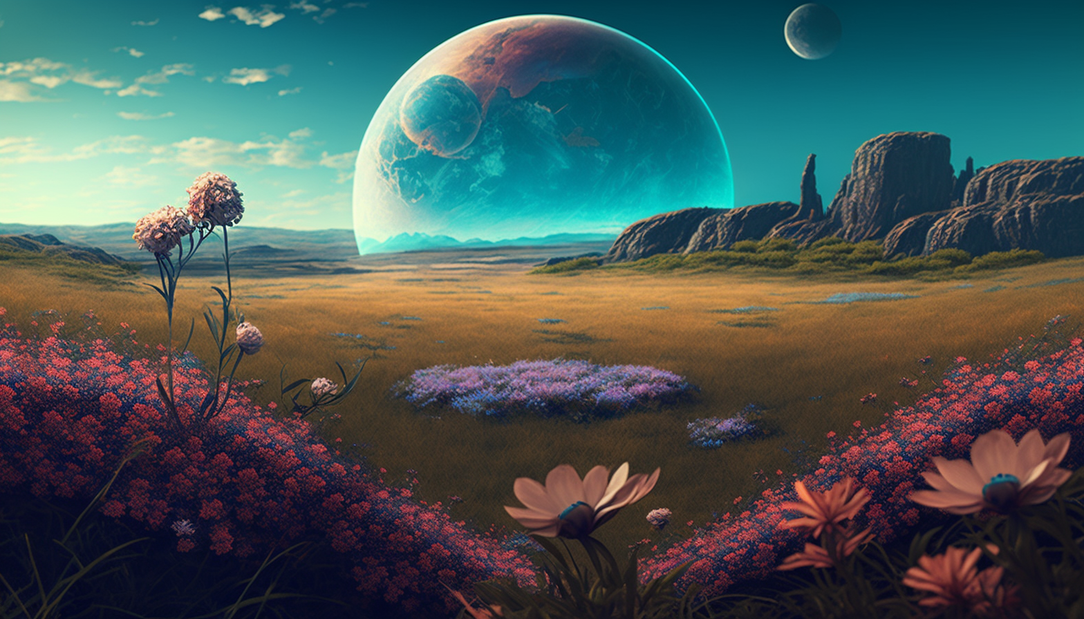 A peaceful meadow with wildflowers and a distant planet rising.