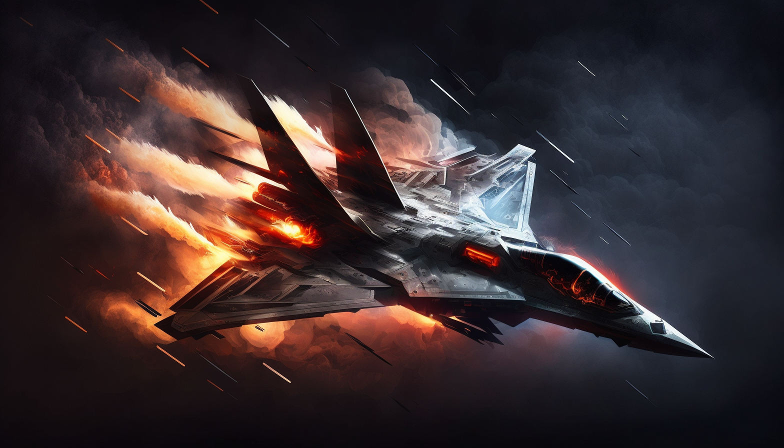 A fighter jet flying through the sky with flames and smoke trailing behind it, creating a sense of speed and power.