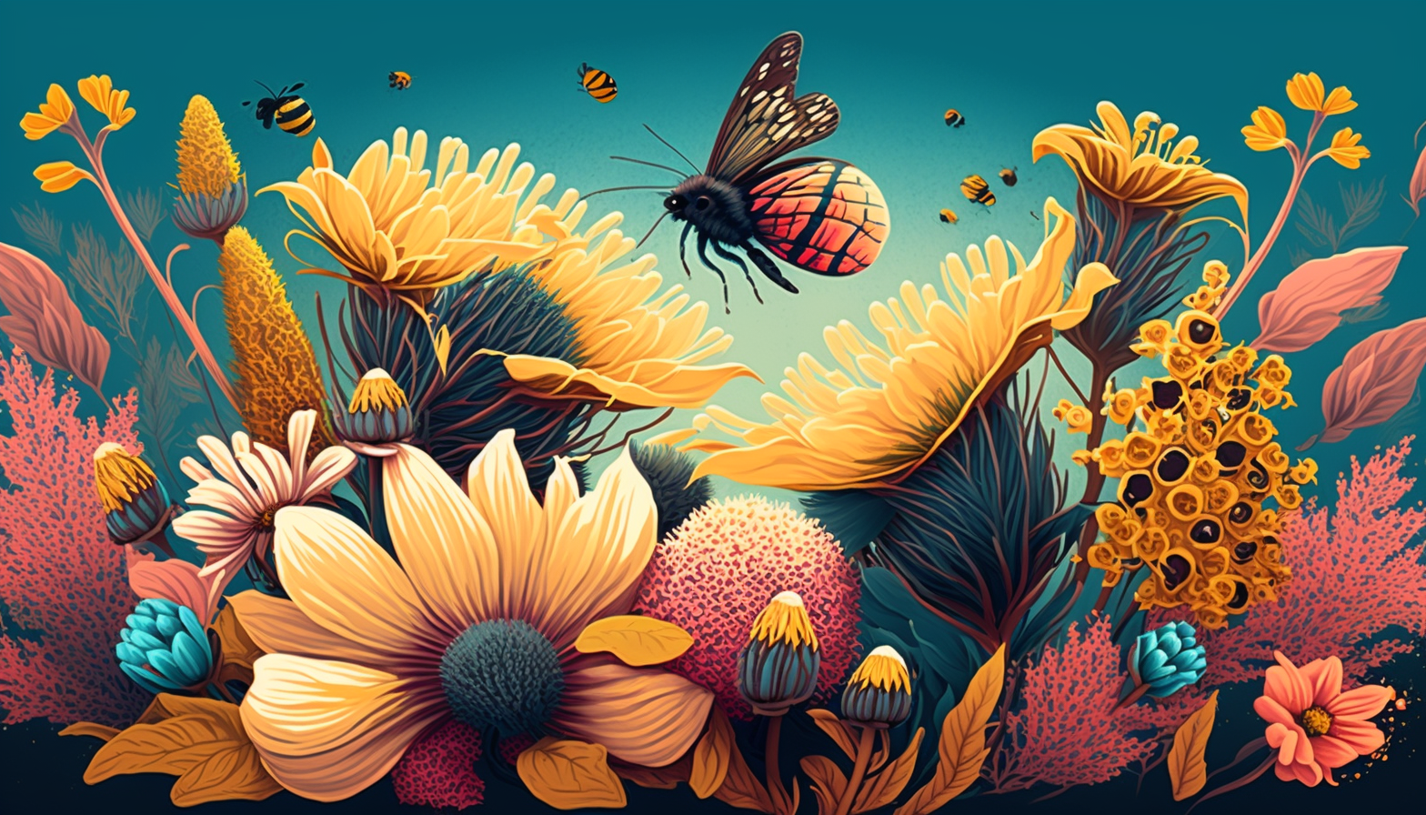 A depiction of a sunny, blooming garden with butterflies and bees.