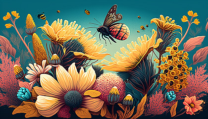 A depiction of a sunny, blooming garden with butterflies and bees.