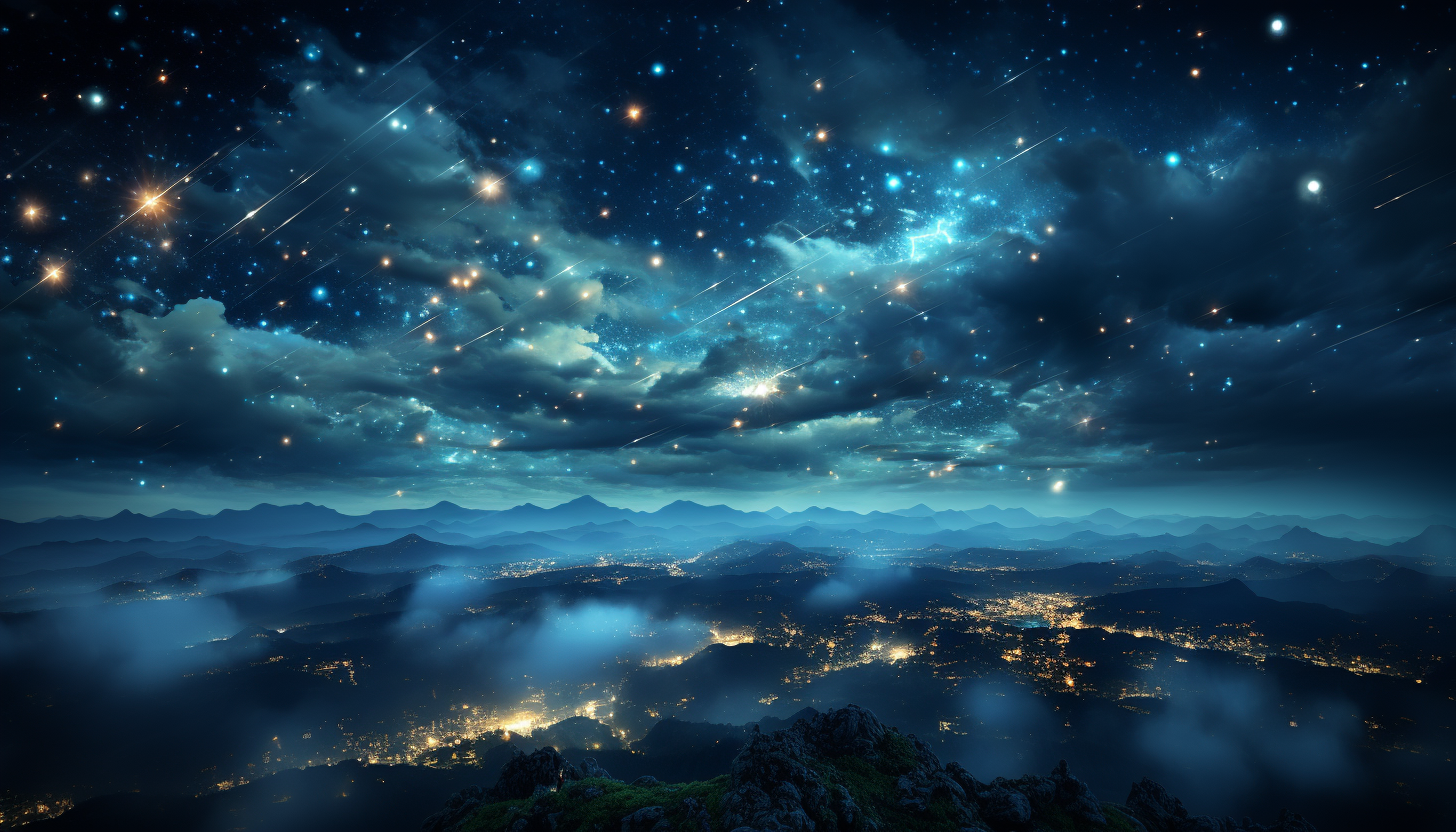 A meteor shower streaking across a star-filled night sky.