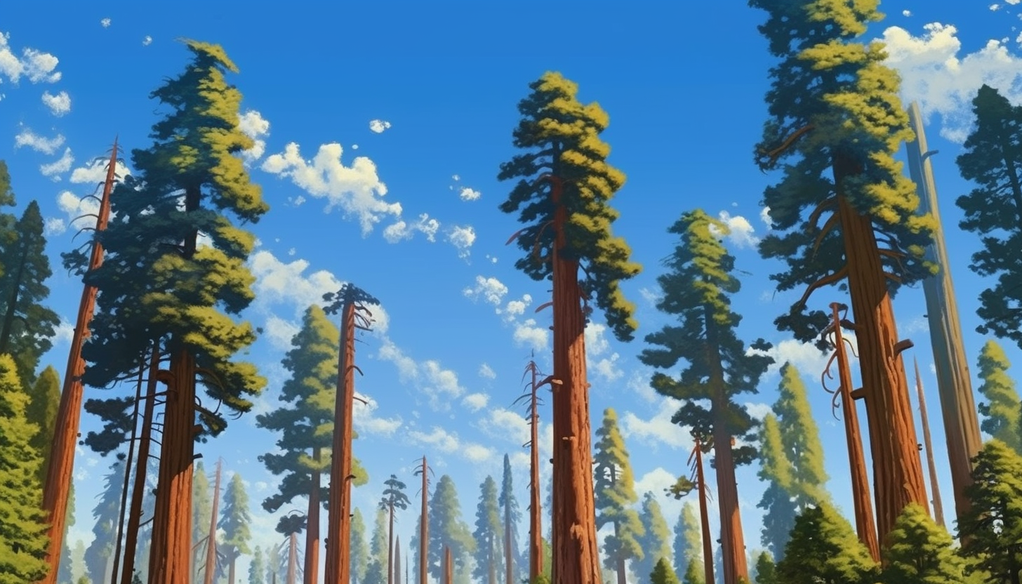 Towering sequoias stretching up to a clear blue sky.