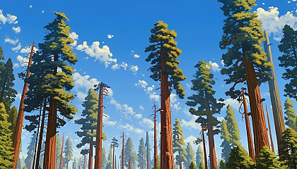 Towering sequoias stretching up to a clear blue sky.