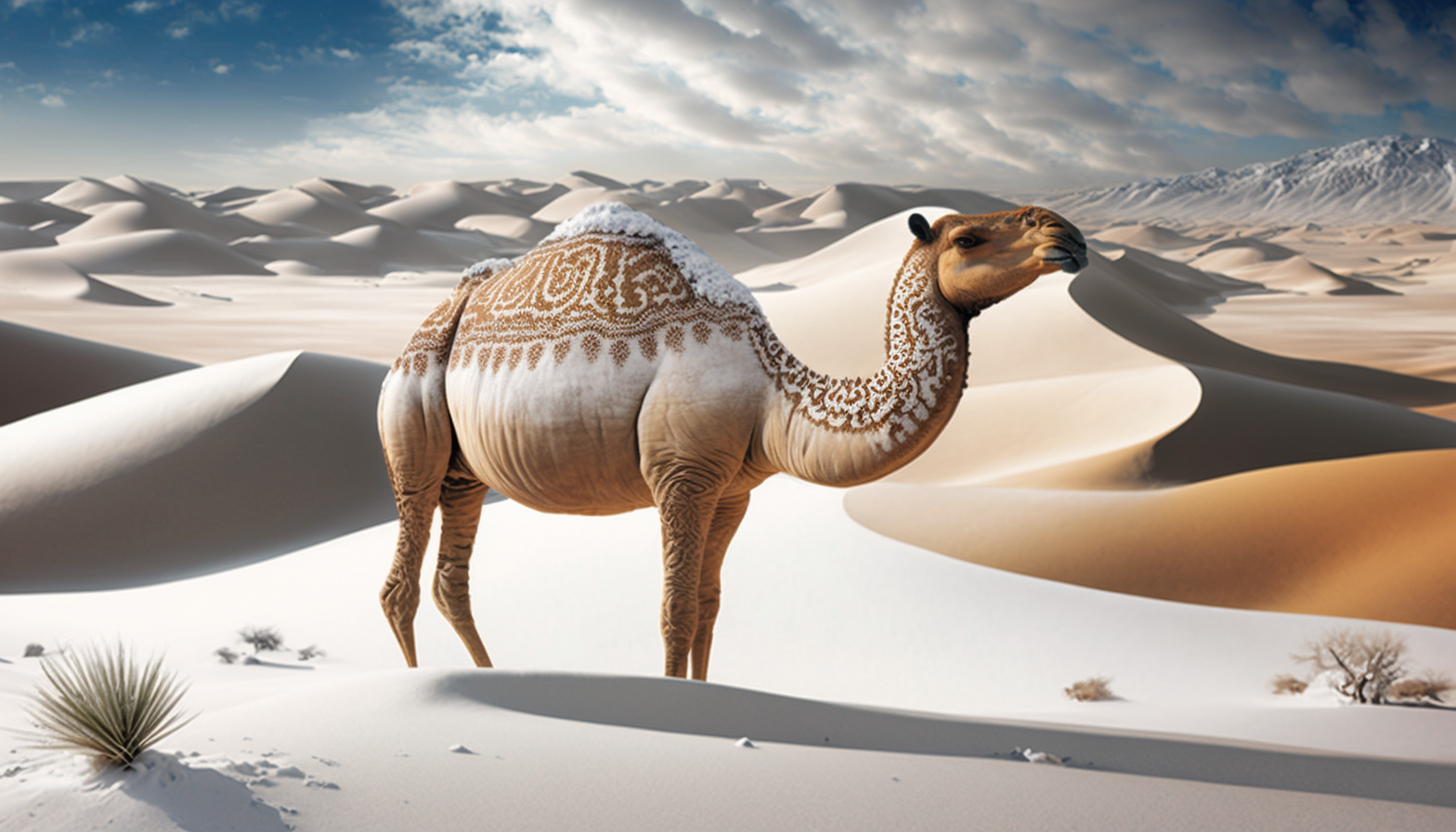 A desert animal (such as a camel or snake) surrounded by snow