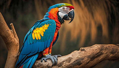 A colorful macaw perched on a tree branch