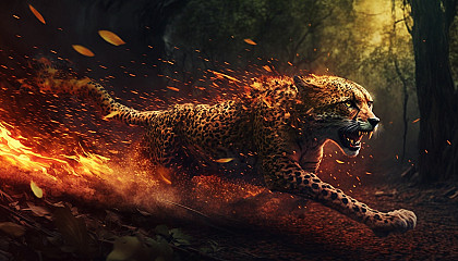 A cheetah running at high speed through a fiery jungle.