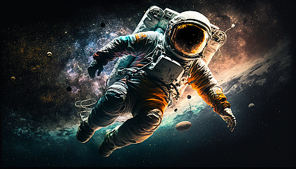 An astronaut floating in space with Earth in the background, surrounded by stars.