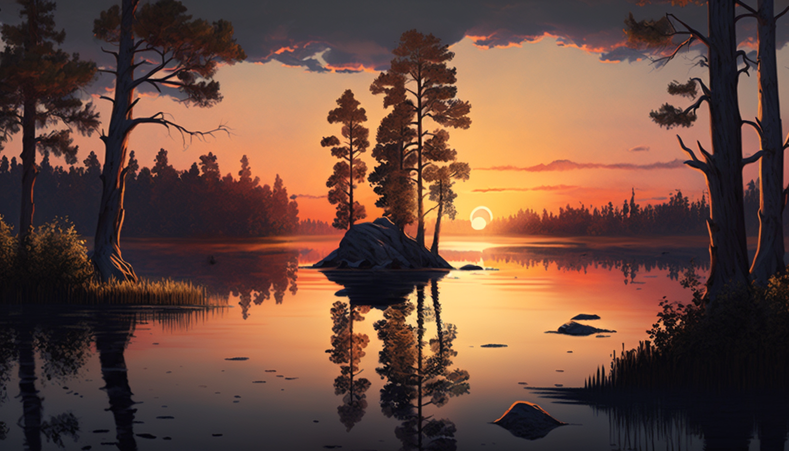 A serene sunset over a calm lake, with tall trees in the foreground.