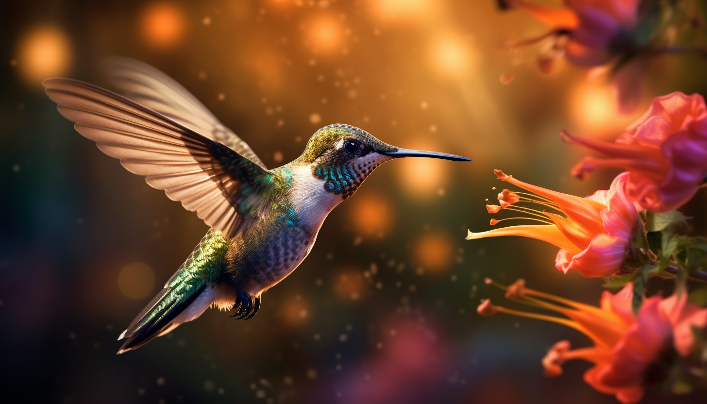 A hummingbird hovering mid-air, feeding from a vibrant flower.