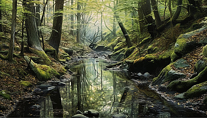 A murmuring brook meandering through a peaceful forest, reflecting its surroundings.