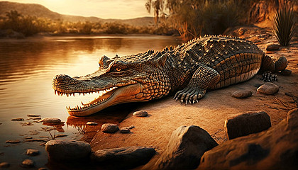 A crocodile basking in the sun on a riverbank