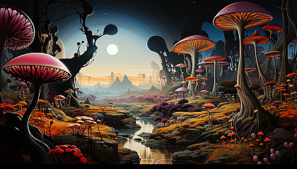 An alien landscape, filled with brilliantly colored, surreal plants.