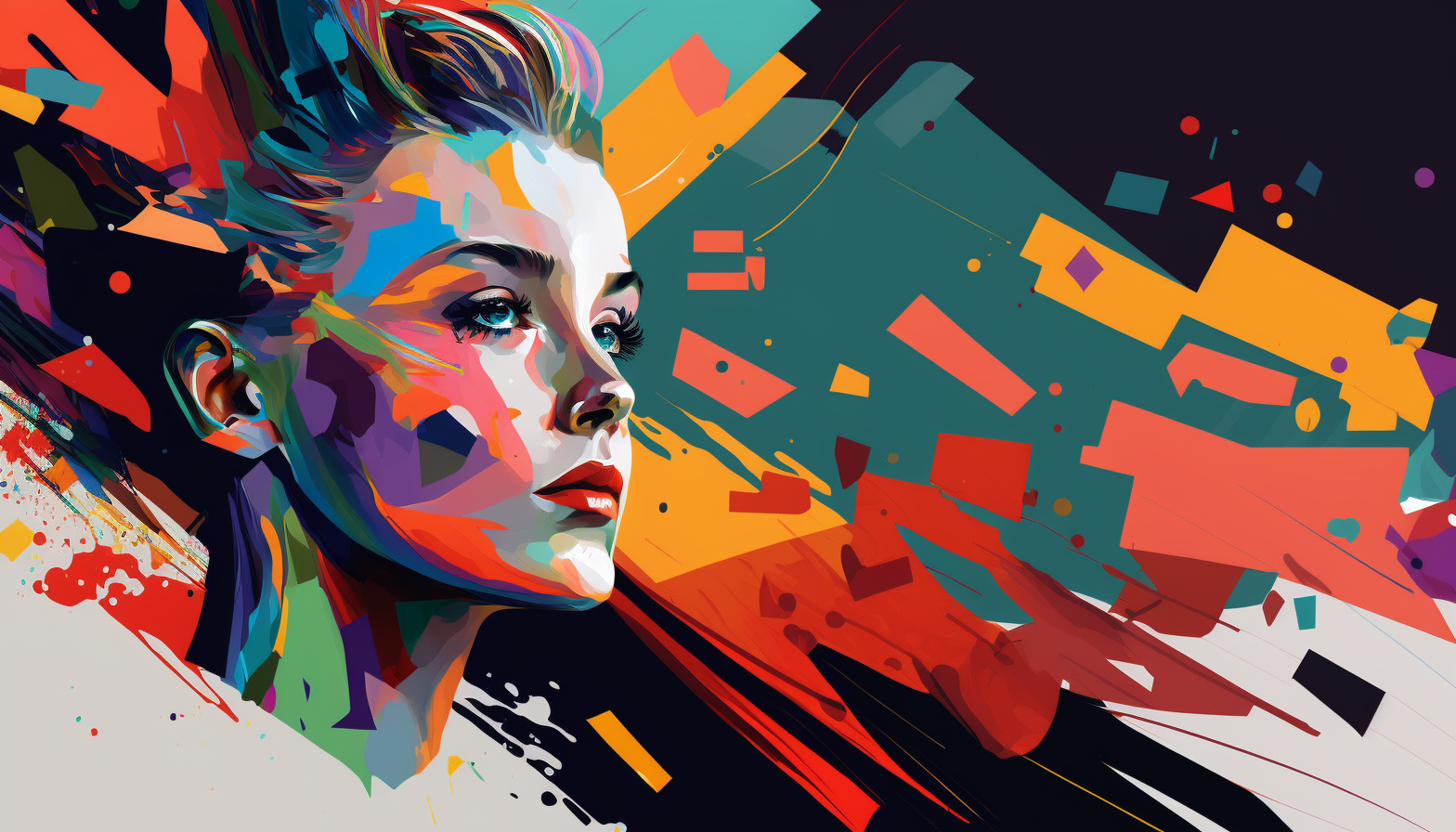 A digital portrait of a person with colorful, abstract shapes in the background