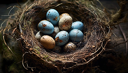 An abandoned nest with beautifully speckled eggs.