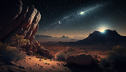 A rocky desert landscape with a shooting star streaking across the sky.