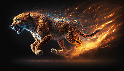 A cheetah running at full speed with glowing eyes and a fiery aura surrounding it.