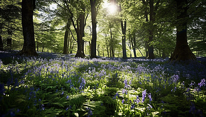 A carpet of bluebells in a sun-dappled forest.