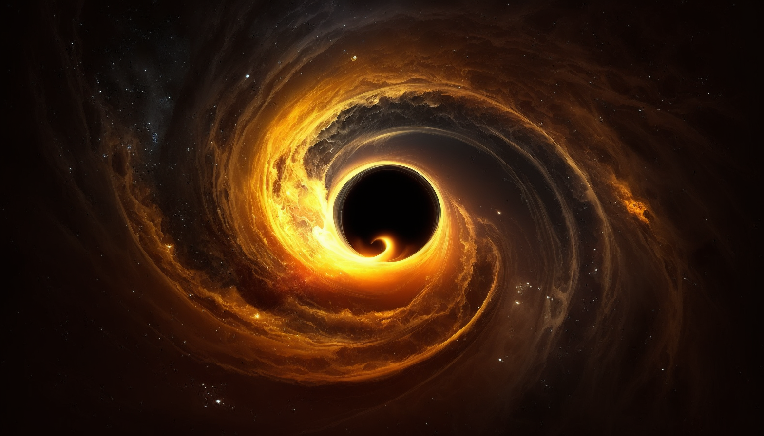 An artistic depiction of a black hole, with glowing gas and dust spiraling towards the center.