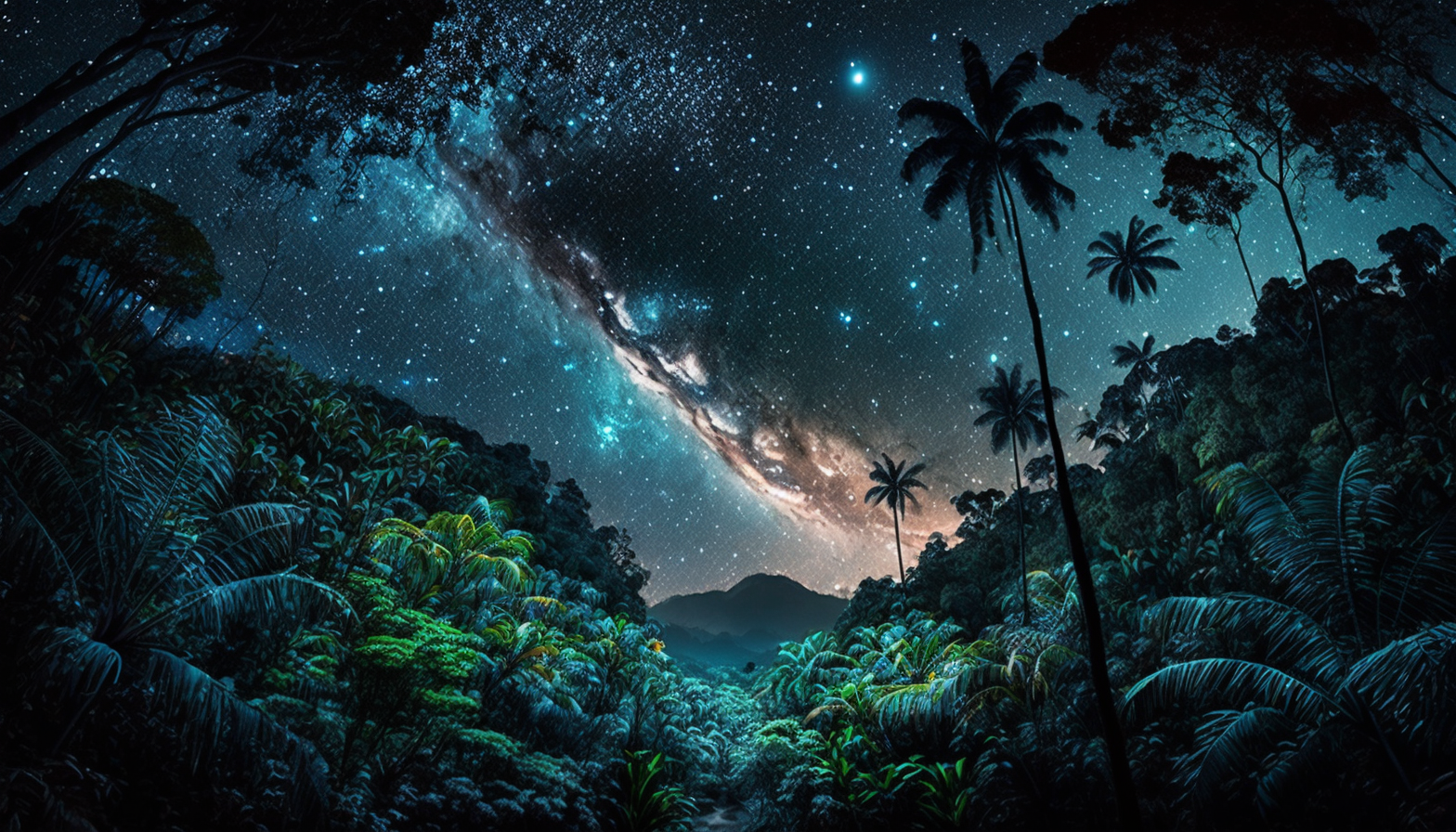 A dense jungle with a shimmering galaxy-filled sky above.