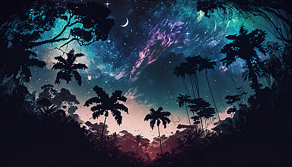 A dense jungle with a shimmering galaxy-filled sky above.