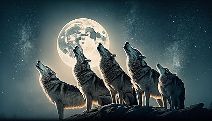 A pack of wolves howling at the moon