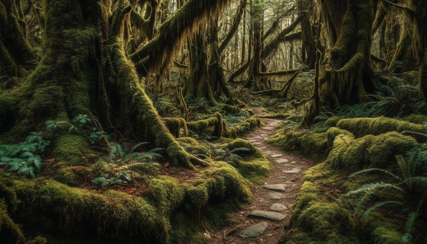 Dense, moss-covered forests with ancient trees and winding paths.