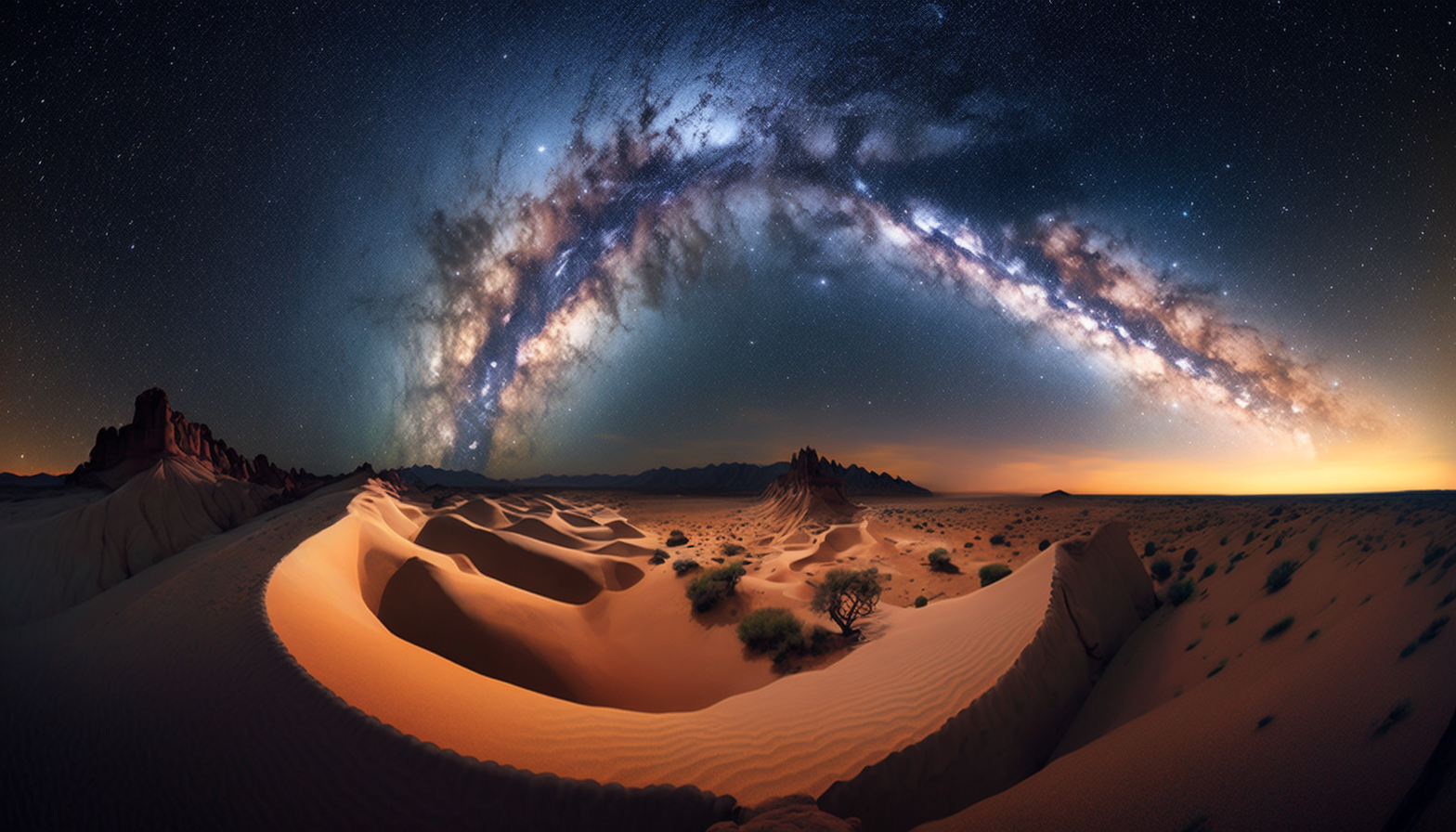 A night sky over a desert landscape with the Milky Way galaxy visible