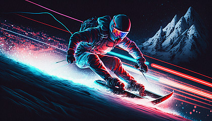 A skier racing down a snowy slope at night with glowing red and blue lights highlighting their movements.