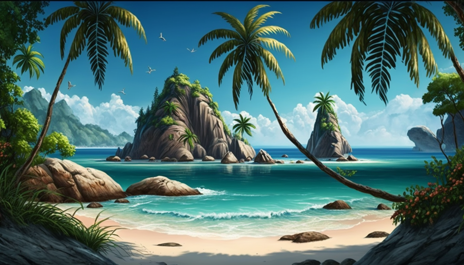 A peaceful beach scene with palm trees and a crystal-clear ocean.