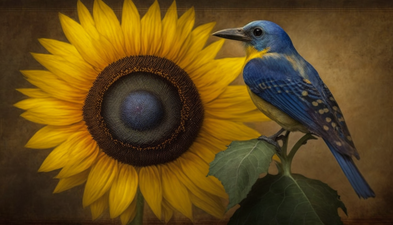 A vibrant yellow sunflower with a small bluebird perched on one of the petals.