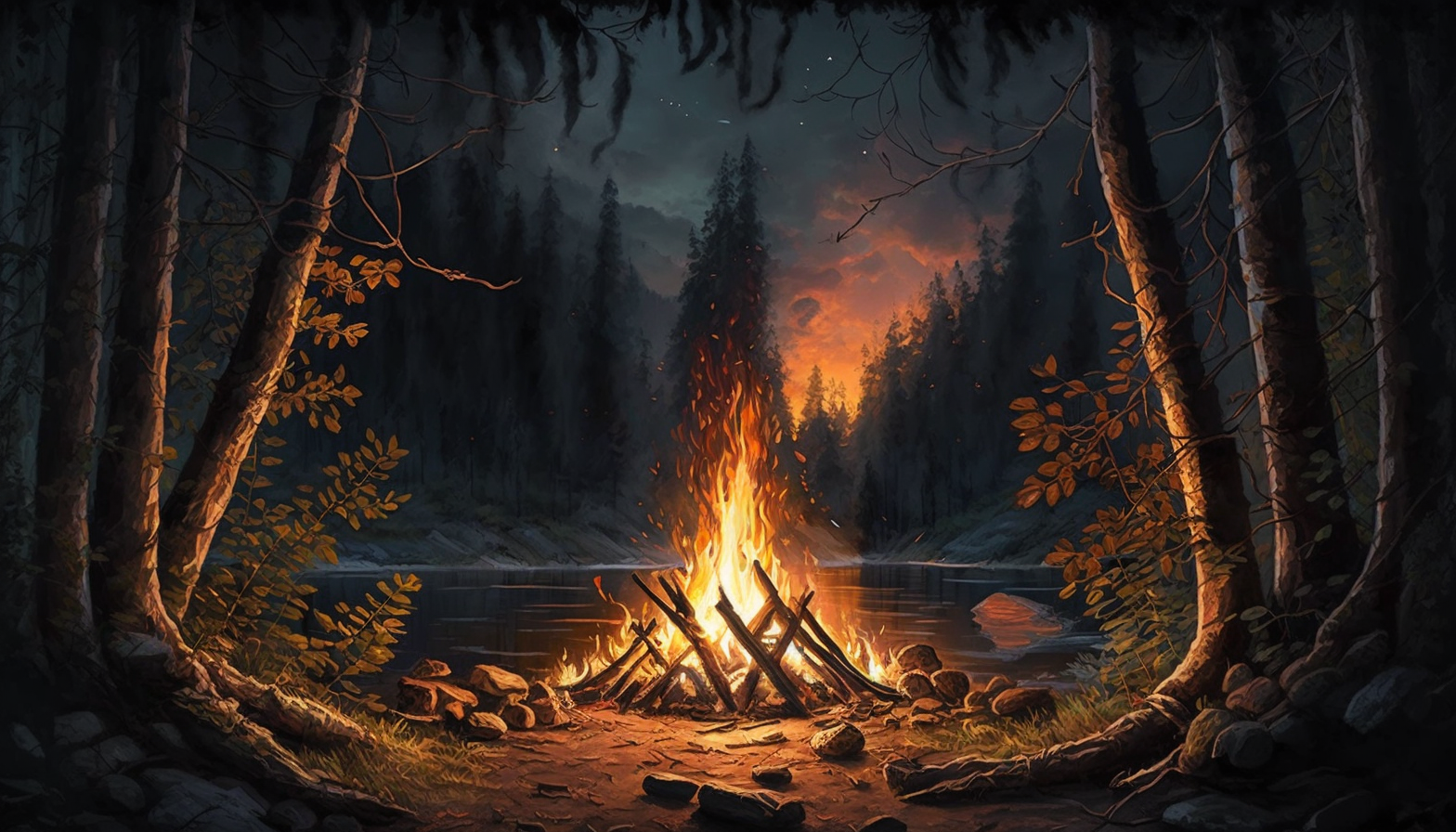 A painting of a roaring campfire in a forest clearing.