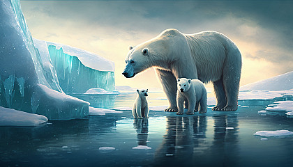 A polar bear with her cub on an icy landscape