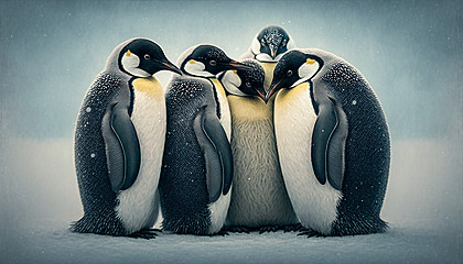 A group of penguins huddling together for warmth in the snow