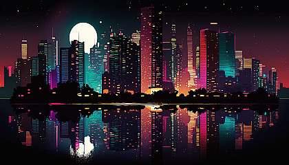 A digital art piece of a colorful cityscape at night