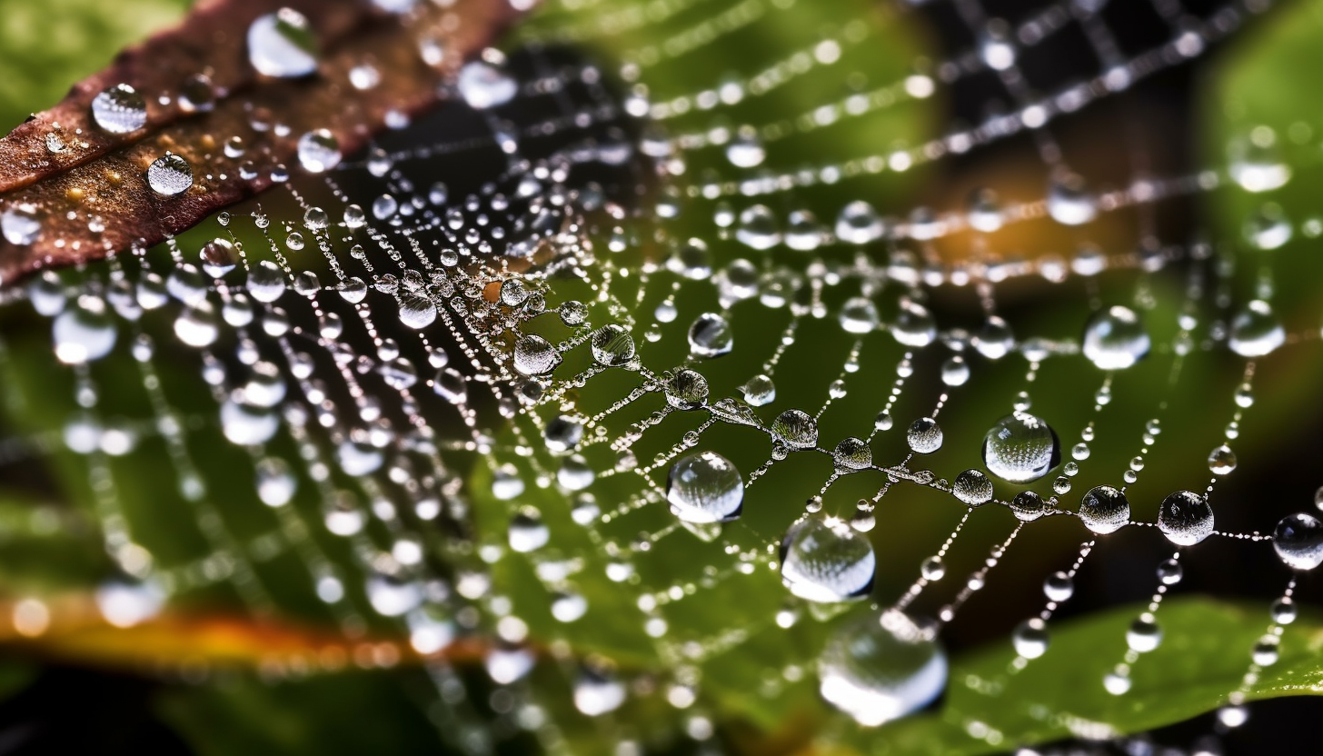 A close-up of dew drops on a spiderweb.