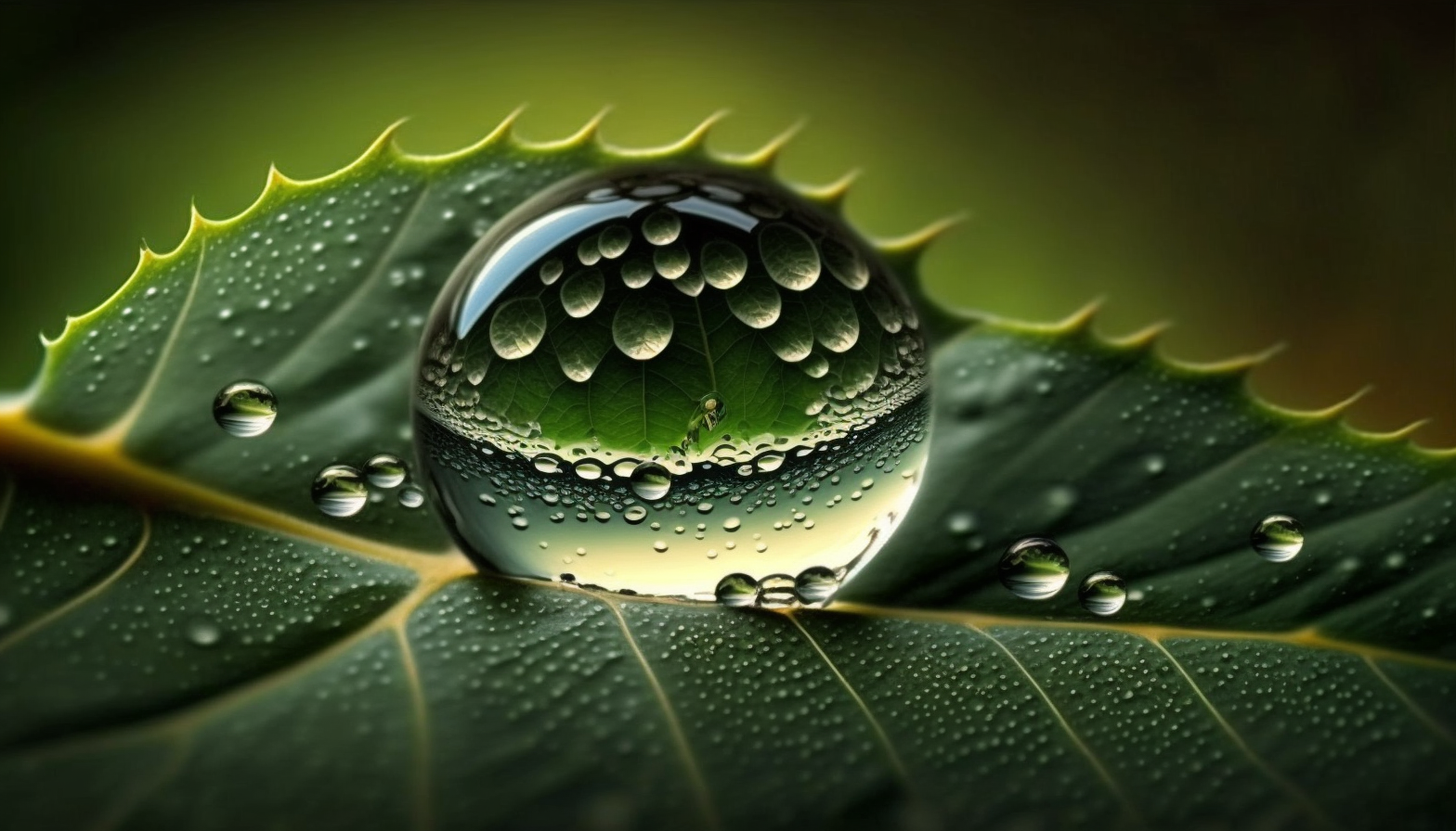 A close-up shot of a dewdrop on a leaf, reflecting the surrounding foliage.