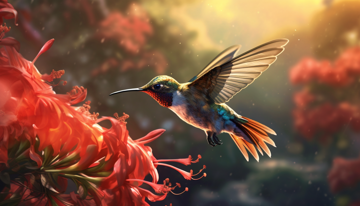 A hummingbird hovering mid-air, feeding from a vibrant flower.