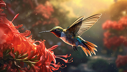 A hummingbird hovering mid-air, feeding from a vibrant flower.