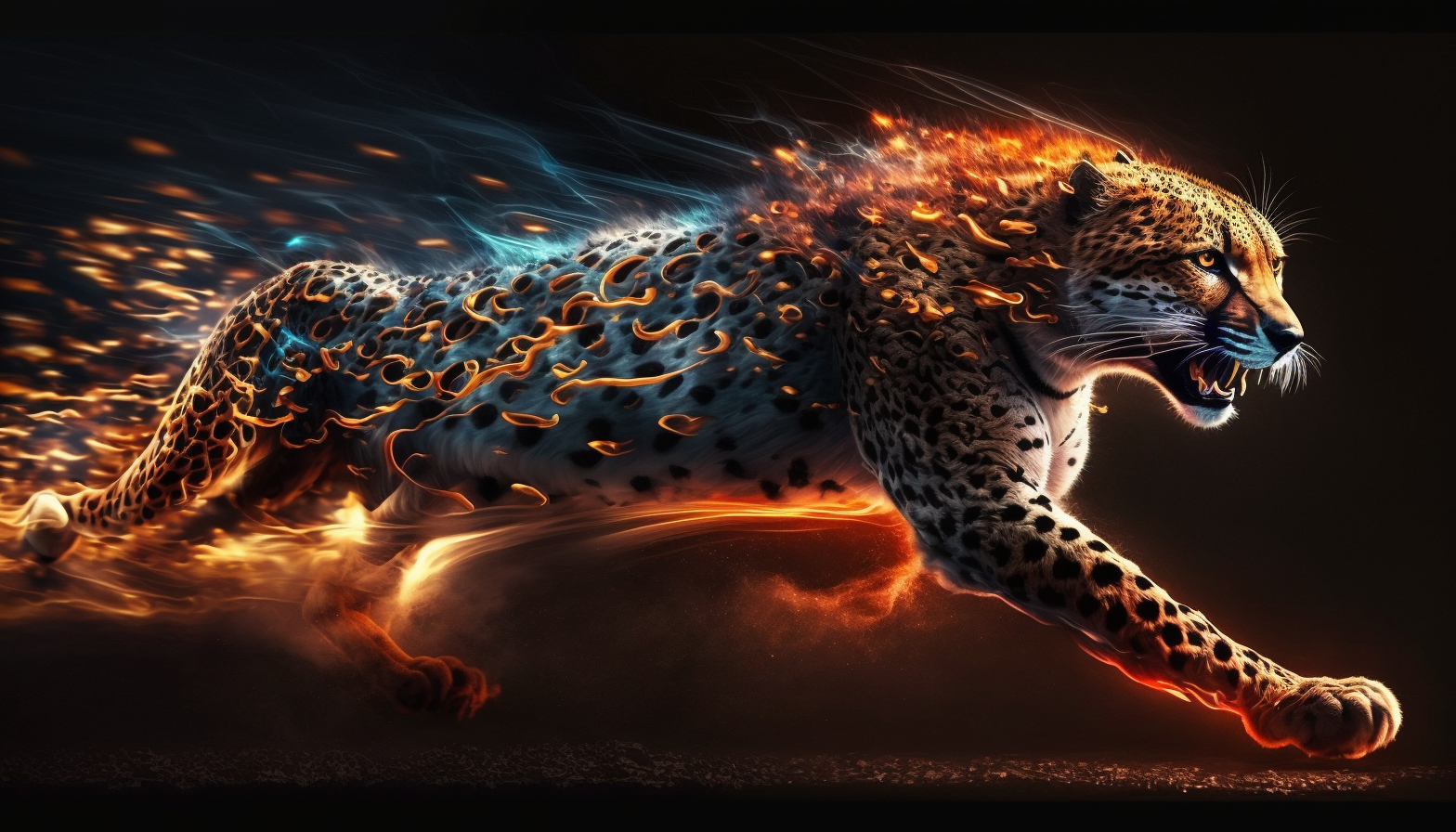 A cheetah running at full speed with glowing eyes and a fiery aura surrounding it.