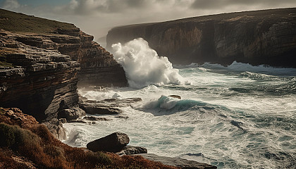 Coastal scenes with dramatic cliffs, crashing waves, and sandy beaches.