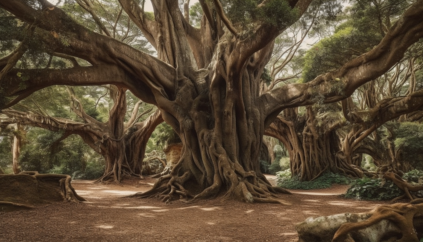 Ancient, gnarled trees with intertwining branches and roots, creating unique patterns.