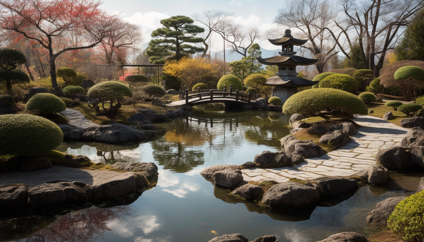 Tranquil Japanese gardens with koi ponds, stone lanterns, and cherry blossoms.