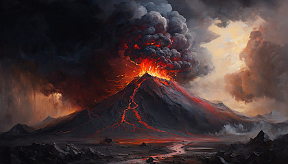 An oil painting of a volcano erupting with molten lava and smoke.