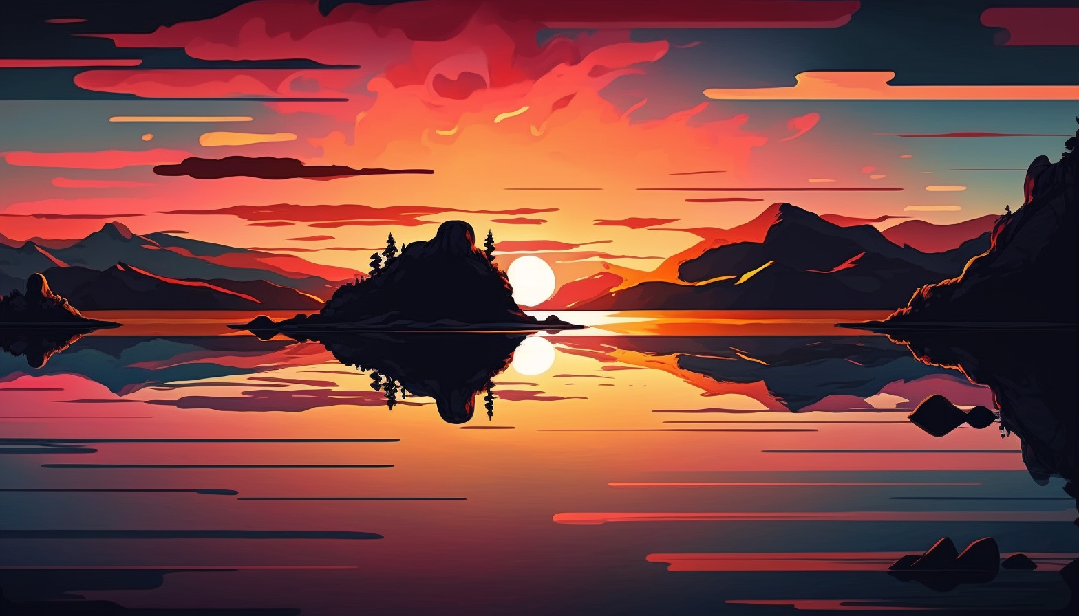 A colorful sunrise or sunset over a calm lake or ocean