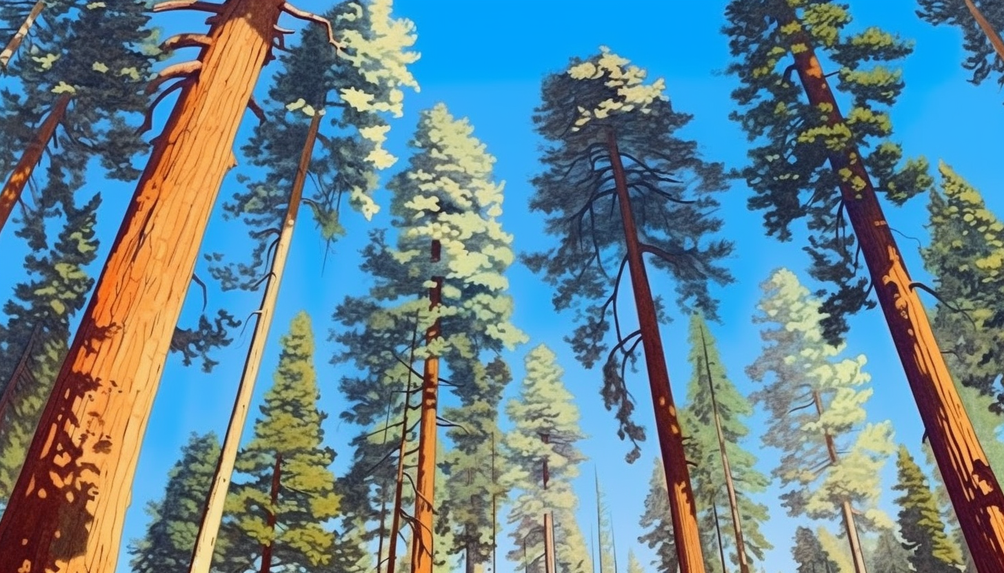 Towering sequoias stretching up to a clear blue sky.