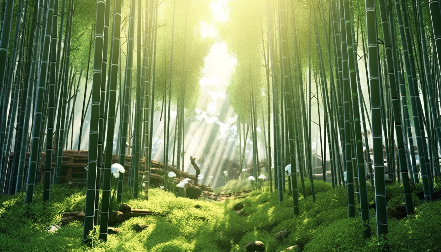 A dense bamboo forest with light filtering through the tall stalks.