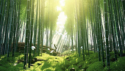 A dense bamboo forest with light filtering through the tall stalks.