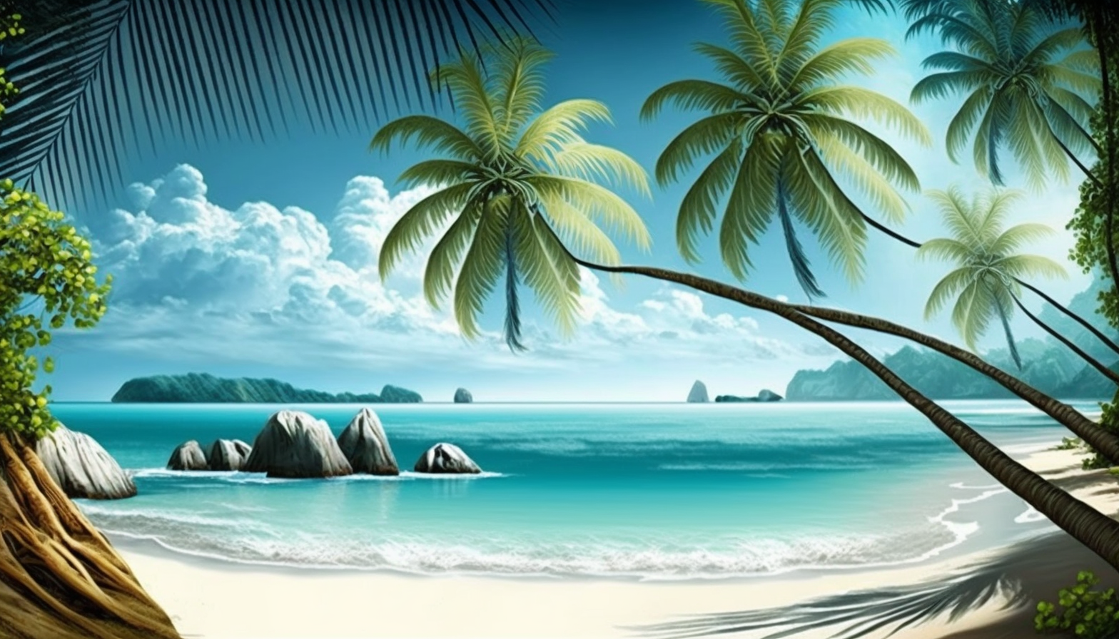 A peaceful beach scene with palm trees and a crystal-clear ocean.