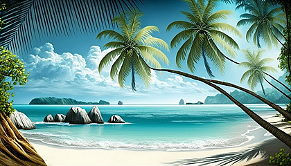 A peaceful beach scene with palm trees and a crystal-clear ocean.