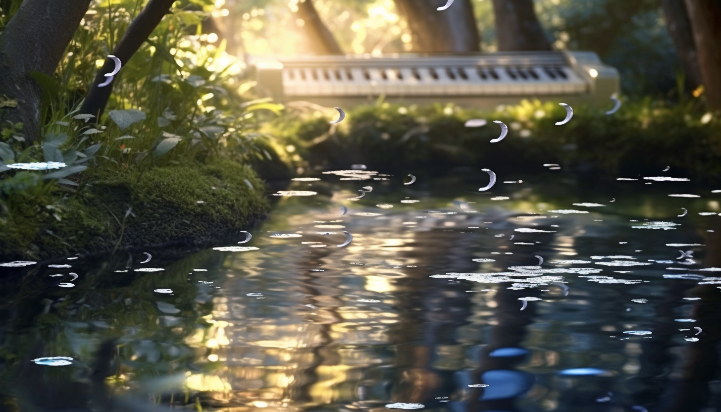 Sheet music gently floating down a babbling brook.